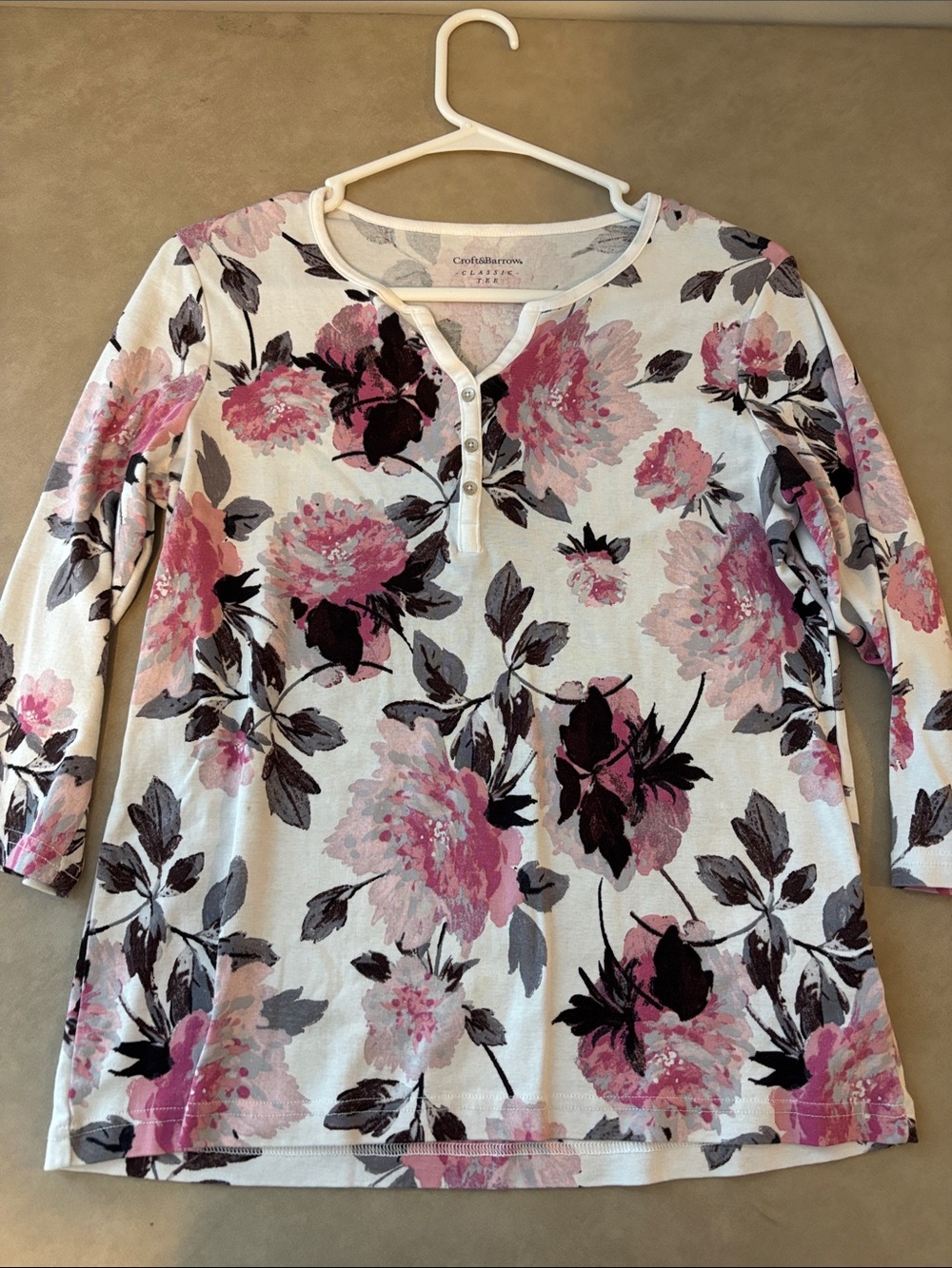 croft & barrow Cream Long-Sleeve Floral Henley with Pink Print